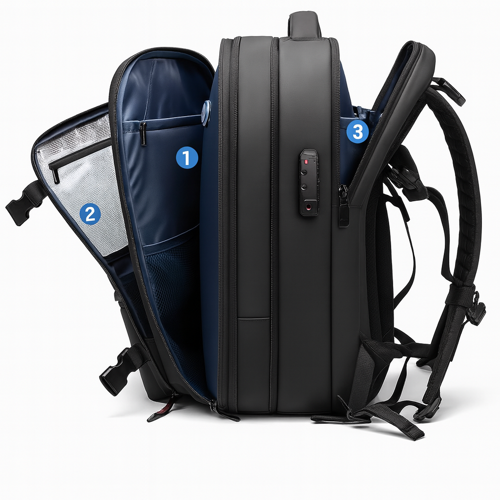Sac à dos de voyage avec mot de passe + compression sous vide.